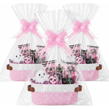 Colingmill 3 Pack Christmas Thanksgiving Small Woven Basket for Gifts with Handles Clear Bags and Ribbons Empty Storage Basket D