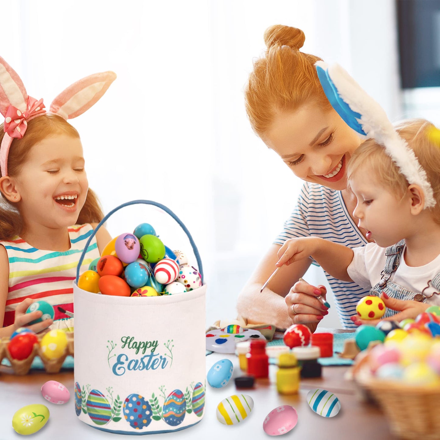 Lessmo 2 Pcs Easter Bunny Basket Easter Egg Buckets Gifts Tote Bags, Canvas Cotton Blue Purple Cute Personalized Egg Hunt Basket