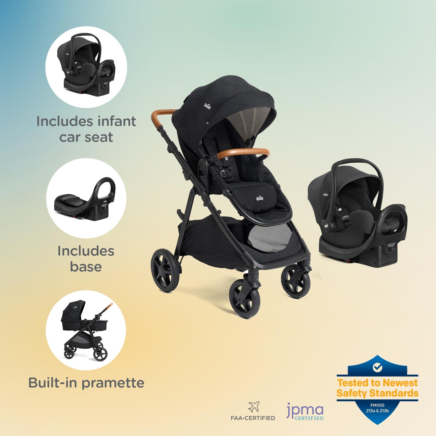 Joie Ginger And Rue Travel System - 4-In-1 Modular Travel System With Pramette, Lightweight Infant Car Seat & Anti-Rebound Base