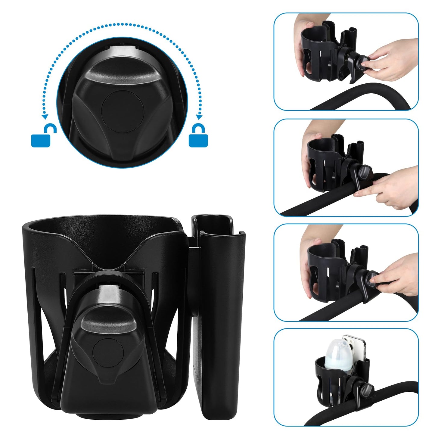Accmor Stroller Cup Holder With Phone Holder, Universal 360 Rotatable Large Caliber Designed Bottle Cage For Bike, Stroller, Whe