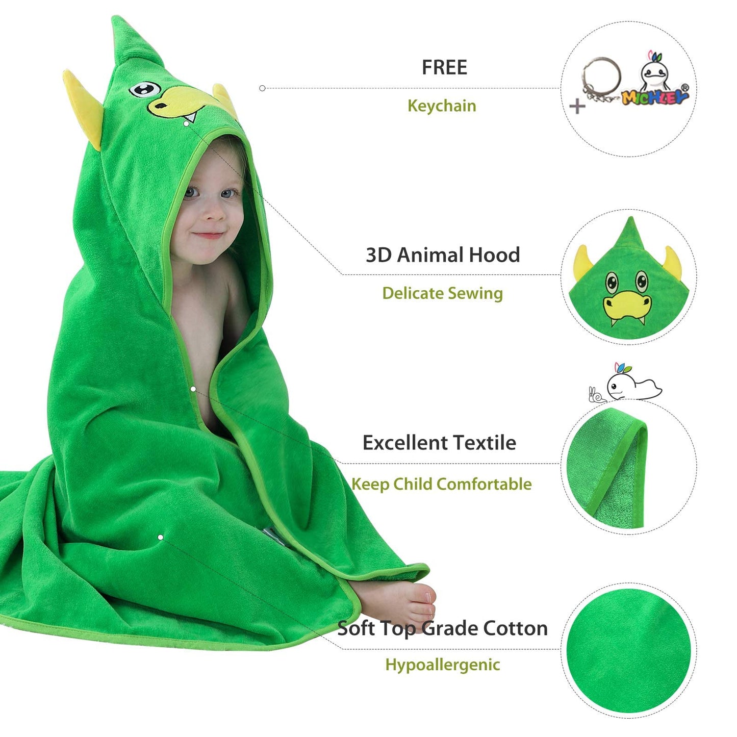 Michley Unisex Baby Animal Hooded Bath Towel Soft Cotton Beach Swimming Bathrobe For 0-6T, Green