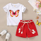 Younger Tree Toddler Baby Girl Clothes Girls Summer Outfit Butterfly Print Tshirt Red Shorts With Belt Clothing For Baby Girl (B