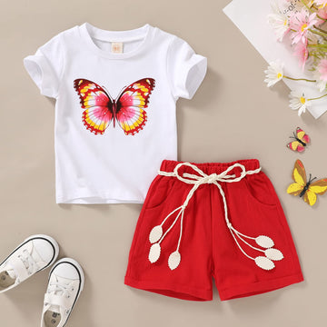 Younger Tree Toddler Baby Girl Clothes Girls Summer Outfit Butterfly Print Tshirt Red Shorts With Belt Clothing For Baby Girl (B