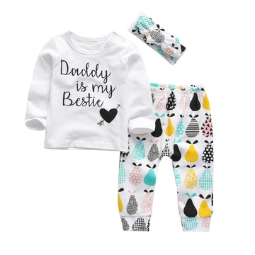 Kukitty 3Pcs Baby Girl Outfits Set Daddy Is My Bestie Long Sleeve T-Shirt Tops Printed Pants With Headband (0-6 Months)
