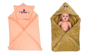 CTMKIDS Baby Wrap with Cap for Kids 74x74 cm  Peach & Single Baby Wrap with Cap for Kids 74x74 cm  Camel