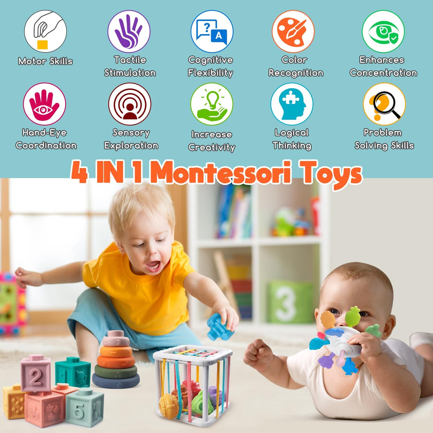 Wuzhineisn Montessori Baby Toys for Ages 6-18 Months - Pull String Teether, Stacking Blocks, Sensory Shapes Storage Bin, Infant
