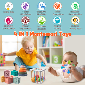 Wuzhineisn Montessori Baby Toys for Ages 6-18 Months - Pull String Teether, Stacking Blocks, Sensory Shapes Storage Bin, Infant