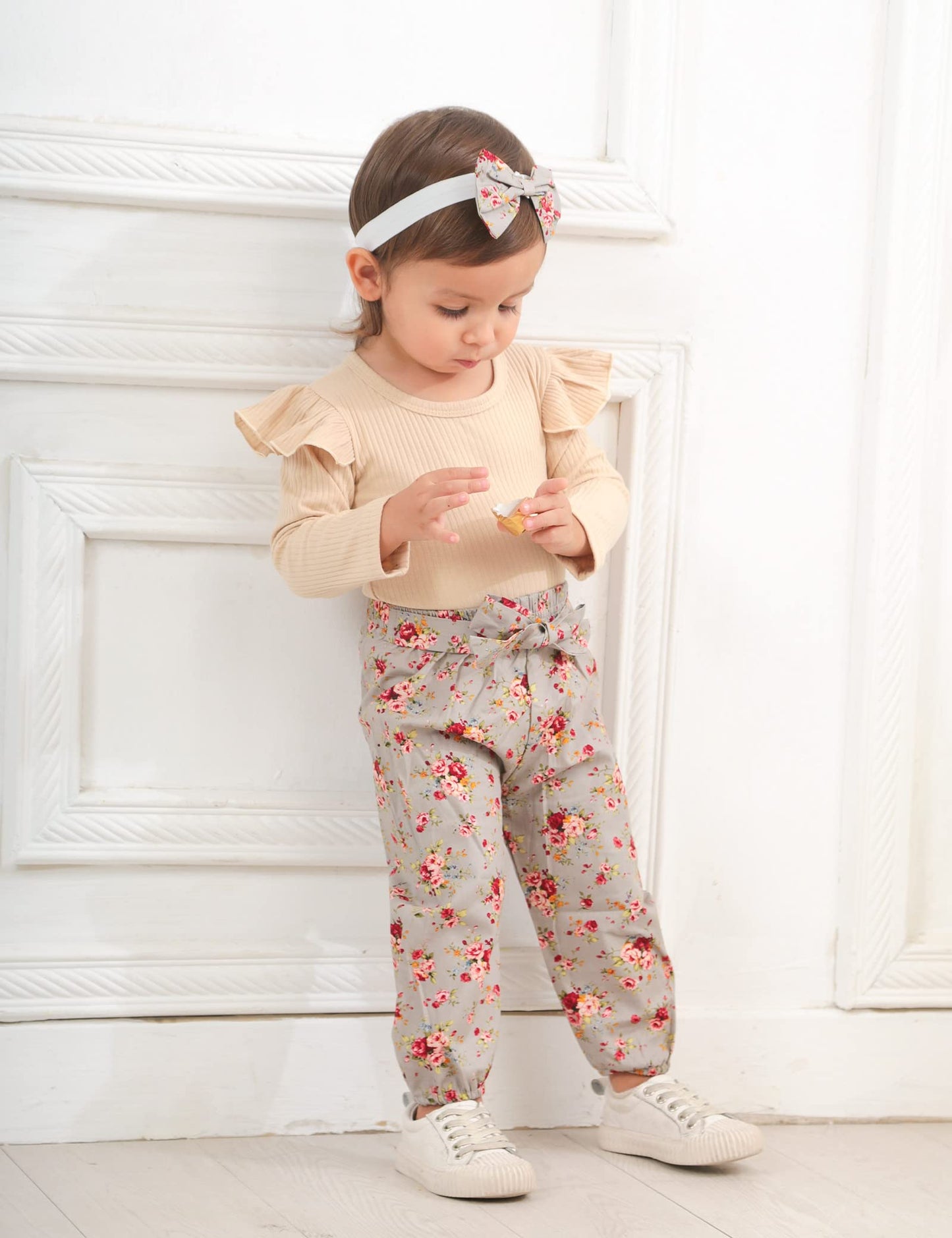 Kangkang Newborn Baby Girl Clothes Baby Girl Outfits Ribbed Ruffle Sleeve Romper + Floral Pants + Cute Headband Baby Clothes For