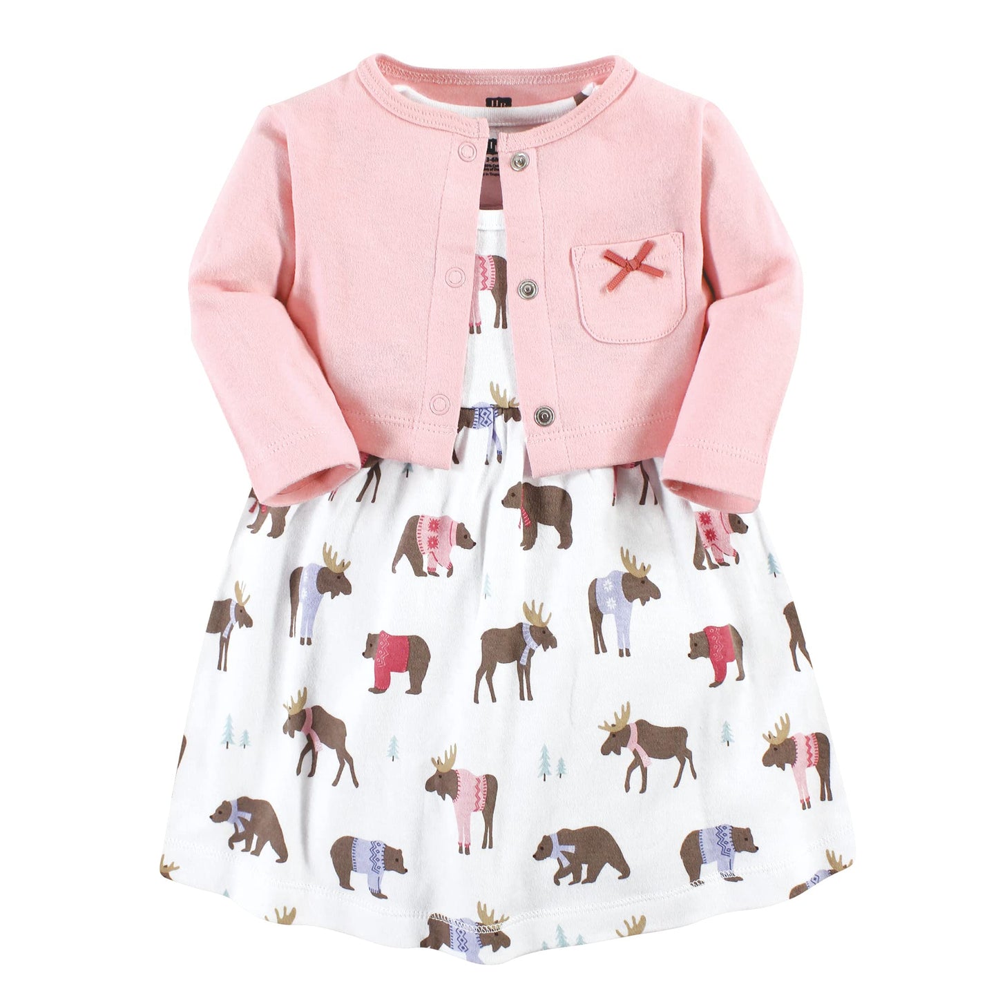 Hudson Baby Baby Girls' Cotton Dress And Cardigan Set, Pink Moose Bear, 9-12 Months