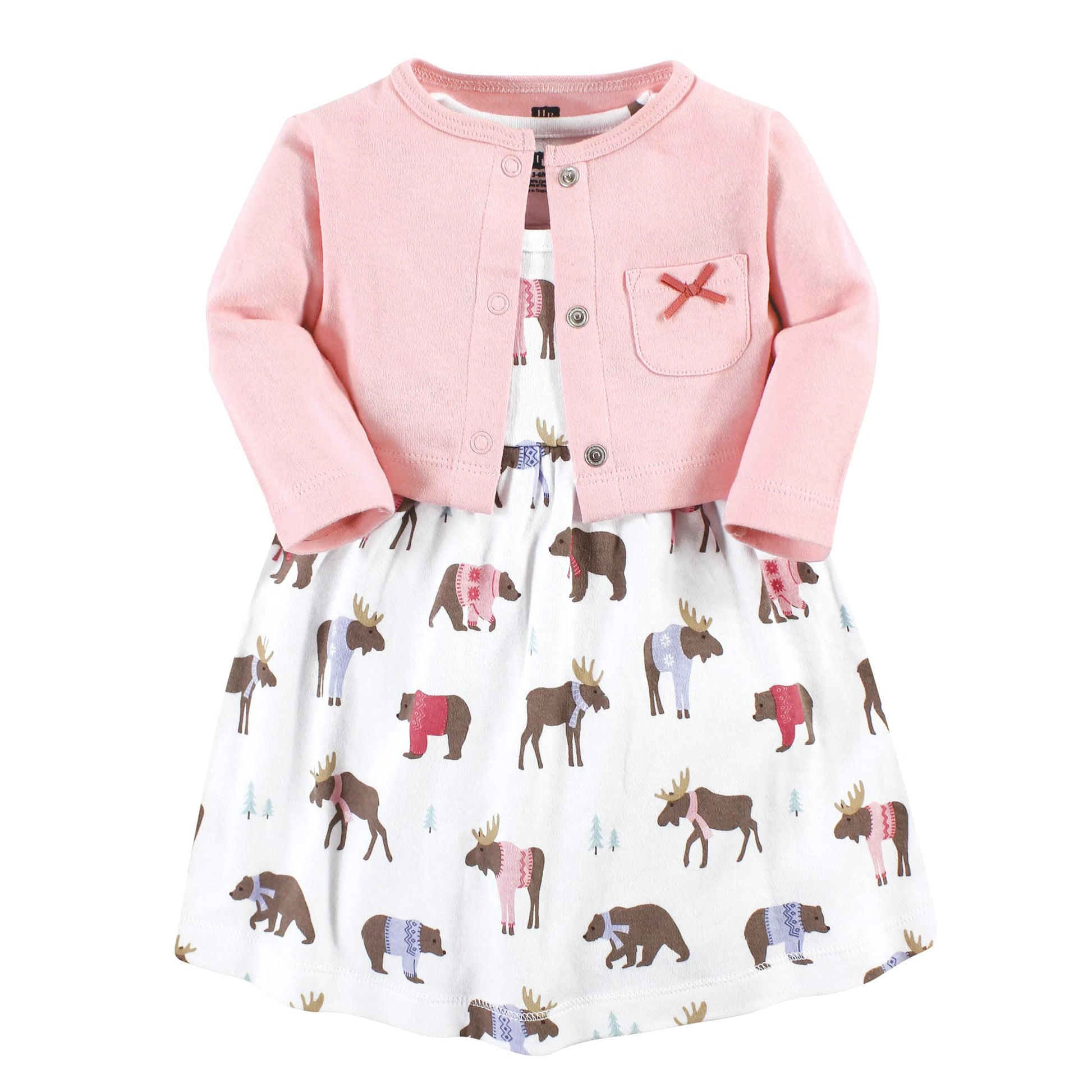 Hudson Baby Baby Girls' Cotton Dress And Cardigan Set, Pink Moose Bear, 9-12 Months