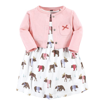 Hudson Baby Baby Girls' Cotton Dress And Cardigan Set, Pink Moose Bear, 9-12 Months