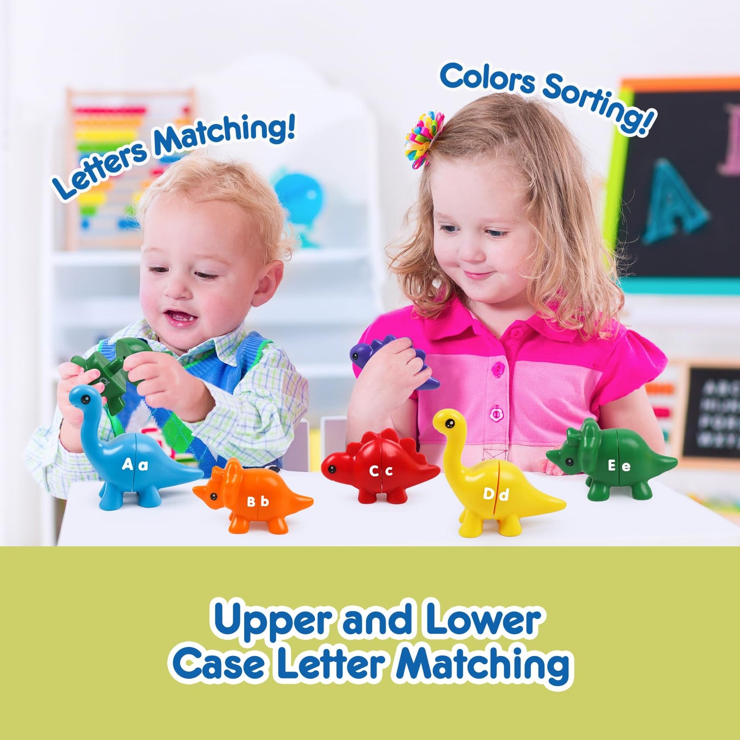 GKDOMS Alphabet Dinosaurs Matching Letters Toy, 26 PCS Double-Sided ABC Dinosaur with Uppercase Lowercase, Match and Snap Fine M
