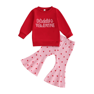 Iddolaka Toddler Baby Girls Valentines Day Outfits Long Sleeve Letter Sweatshirt Shirt Heart Flared Pants Spring Clothes (B-Prin