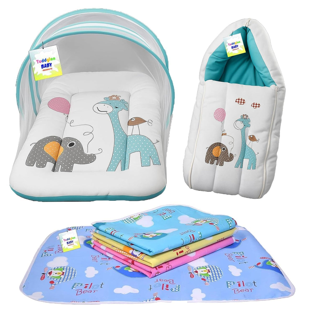 Toddylon Baby Bed New Born Baby Carry Bag | Bedding Set | Mattress | Carry Bag | | Nappy Changing Sheets (06 Months) (Blue)