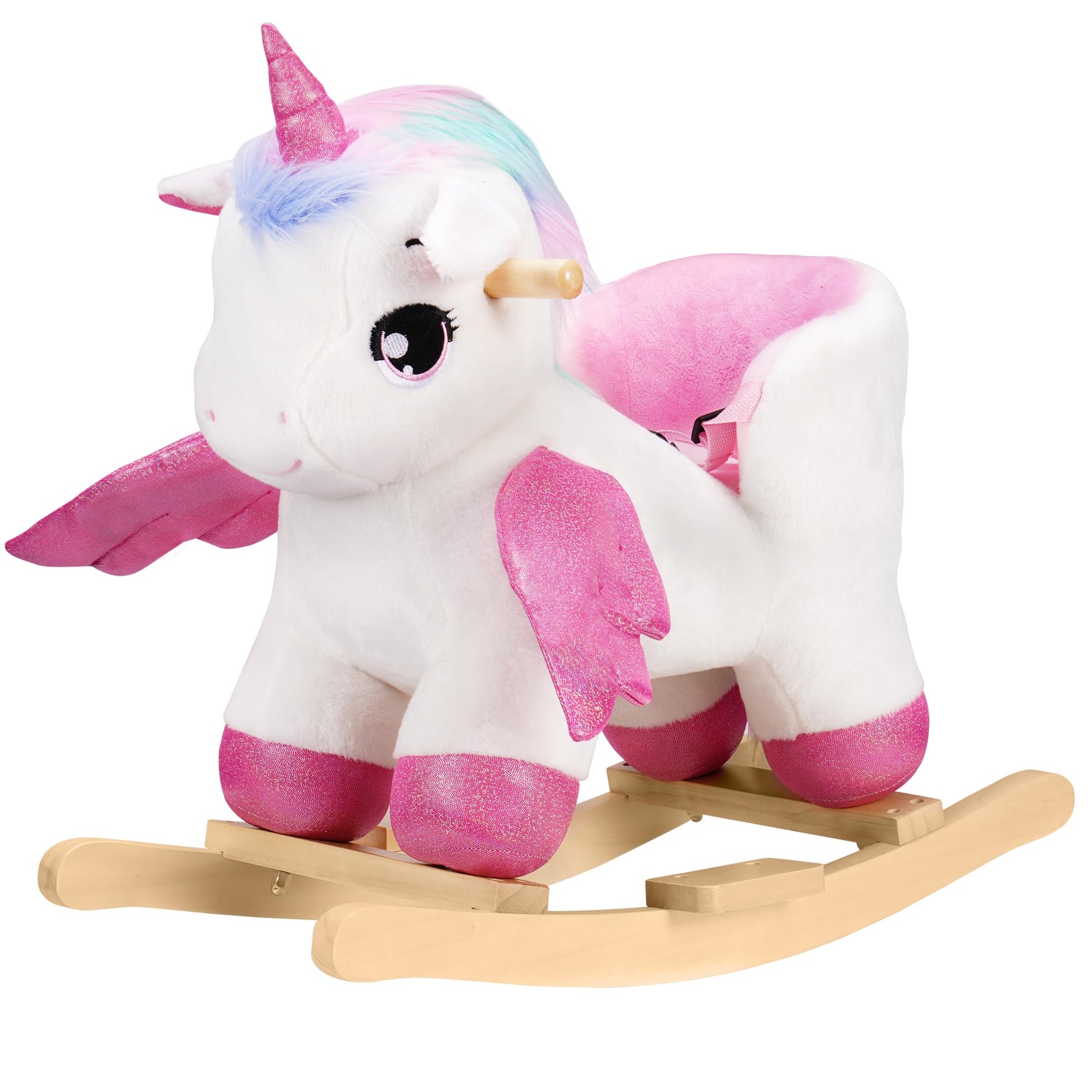 Rengue Unicorn Baby Rocking Horse, Toddler Kids Pink Fairy Unicorn Rocking Horse with Wooden Base Seat Safety Belt for 6 Months 