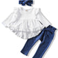 Nzrvaws Infant Toddler Baby 18 Months Girls Clothes Long Sleeve Ruffles White Shirt Tops + Denim Blue Long Pants+ Headband Fall