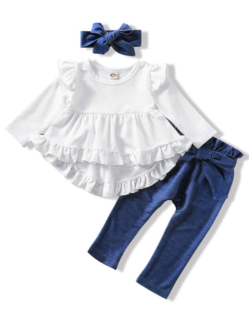 Nzrvaws Infant Toddler Baby 18 Months Girls Clothes Long Sleeve Ruffles White Shirt Tops + Denim Blue Long Pants+ Headband Fall