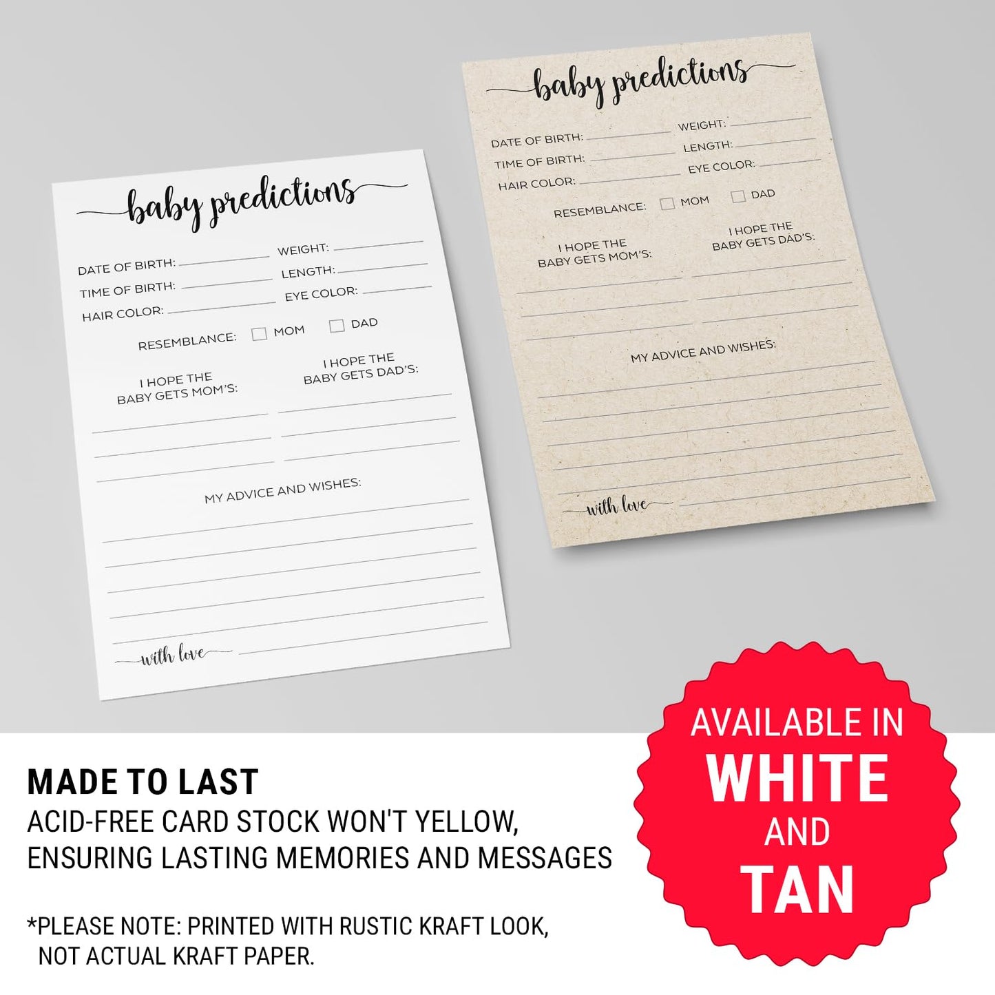 321Done Baby Predictions And Advice Cards, Made In Usa - 4X6 Tan, Fun Minimalist Baby Shower Games & Activity, Unique Gender Rev