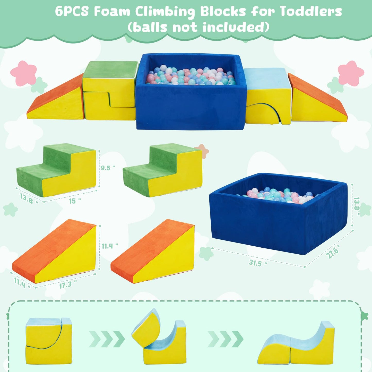 Hahasole Foam Climbing Toys For Toddlers, 6Pcs Climb & Crawl Activity Playset, Climbing Blocks With Large Ball Pit (Excluding Ba