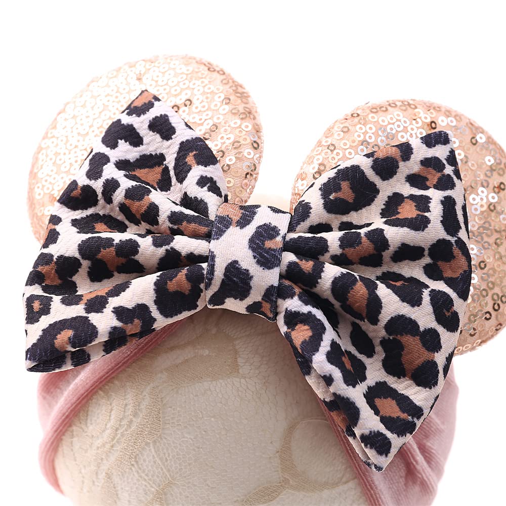 Jiahang Baby Leopard Bows Turban Knotted Head Wraps, Hair Bows Headbands Stretchy Hair Bands For Infant Toddlers Girls (Pink Leo