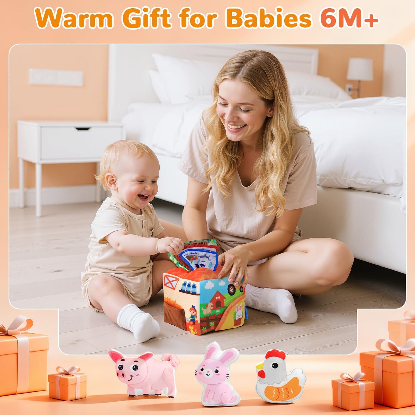 MPQMPQ Baby Tissue Box Toy Farm Crink Plush,Whats Inside Box Montessori Toys with Rattle,Crinkle,Mirror for Babies 6 9 12 18 Mon