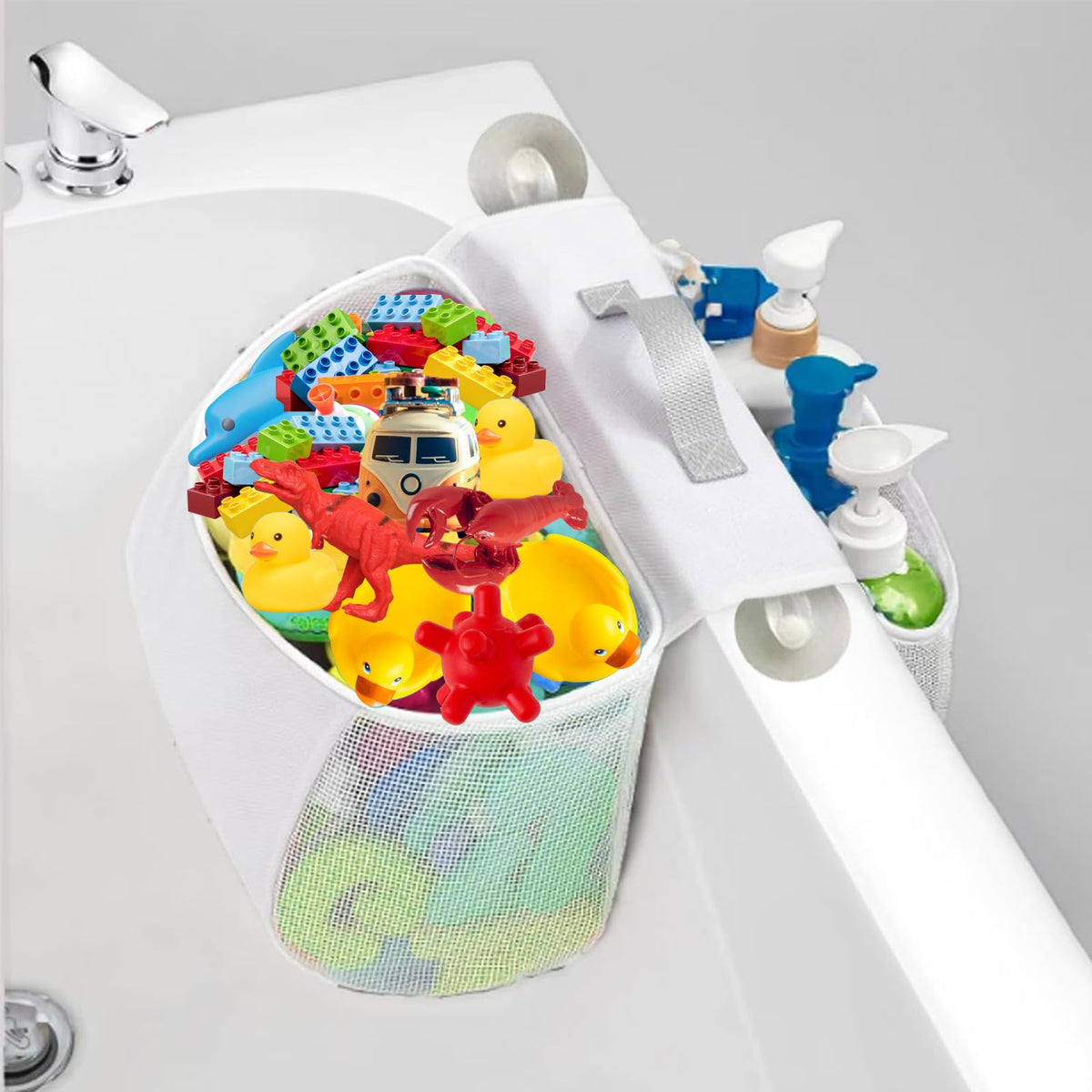 Saddle Shaped 2 Compartment Bath Toy Organizer, 2 in 1 Bathtub Toy Storage with Suction Cup, Bath Toy Storage with Handle