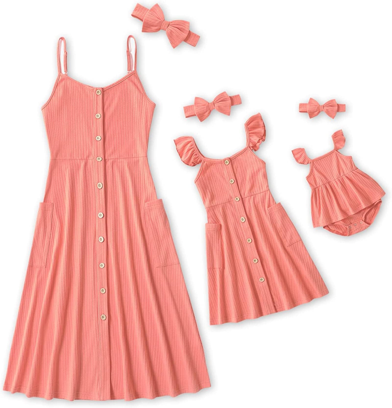 Iffei Mommy And Me Dresses Matching Set Solid Front Button Family Matching Sleeveless Dresses With Headband And Pockets Women S