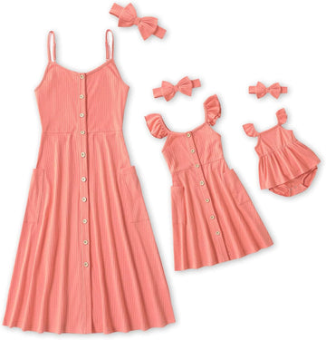 Iffei Mommy And Me Dresses Matching Set Solid Front Button Family Matching Sleeveless Dresses With Headband And Pockets Women S