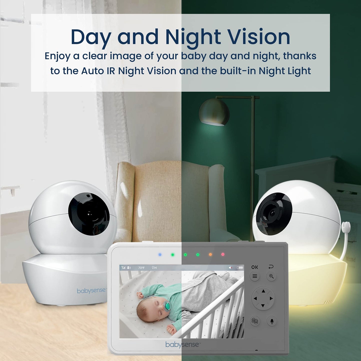 Babysense Baby Monitor With 2 Cameras And Audio 4.3', Non Wifi Baby Monitor, Dual Split Screen, Portable Double Sleep Video Mon