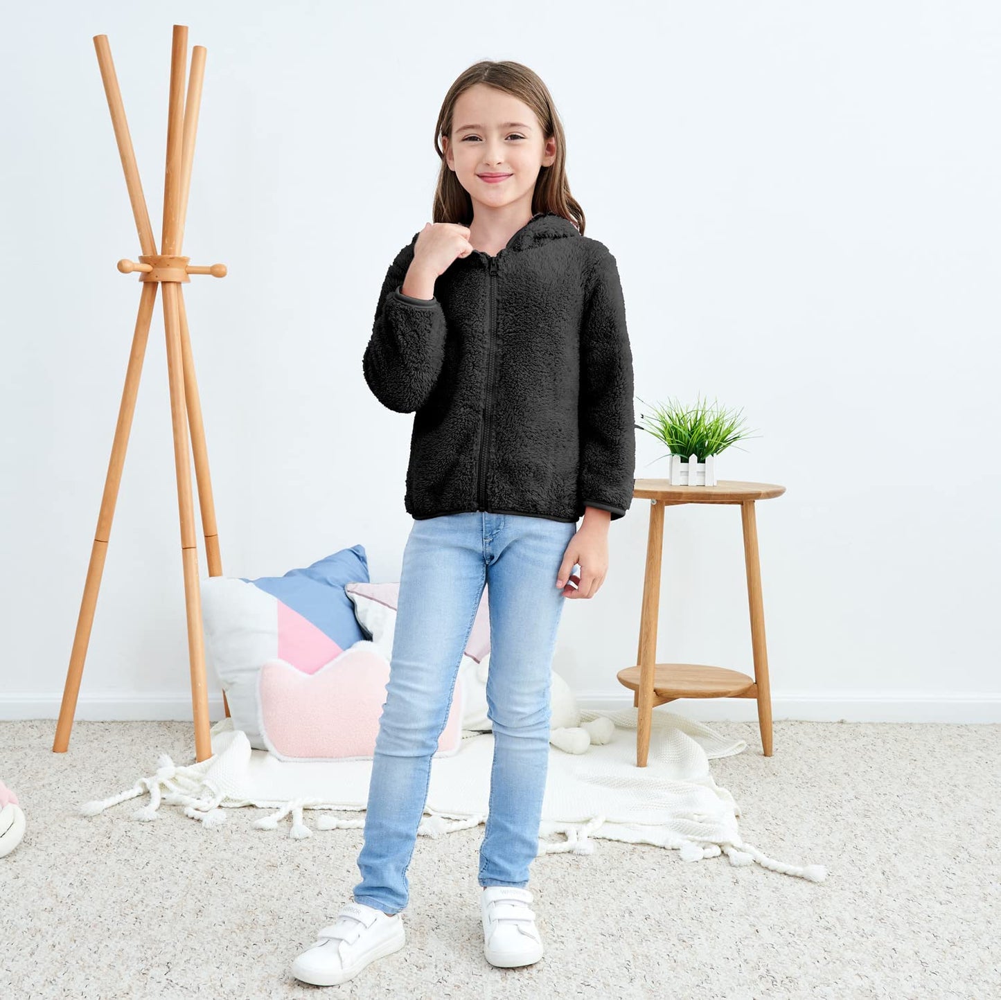 Jeskids Toddler Girls Boys Fleece Hoody Jacket Zip Up Teddy Coat Warm Winter Outwear Black 4T 5T