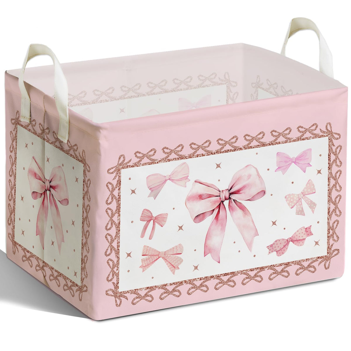 Pink Bow Foldable Storage Box, Waterproof Toy and Clothes Storage Box for Nursery Room, Pink Cute Bow Decorative Fabric Basket f