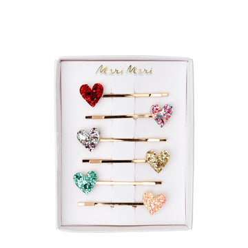 Meri Meri Glitter Heart Hair Clips (Pack of 6), 6 Different Color and Design Hair Slides, Valentines Day Gifts