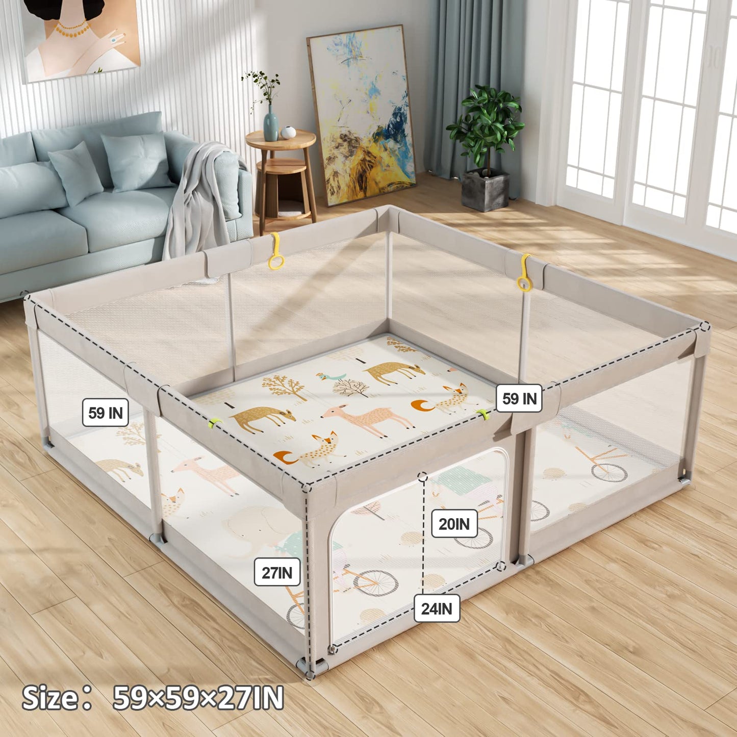 Mloong Baby Playpen with Mat, 59x59 Inches Extra Large Playpen for Babies and Toddlers, Indoor & Outdoor Activity Center, Safety