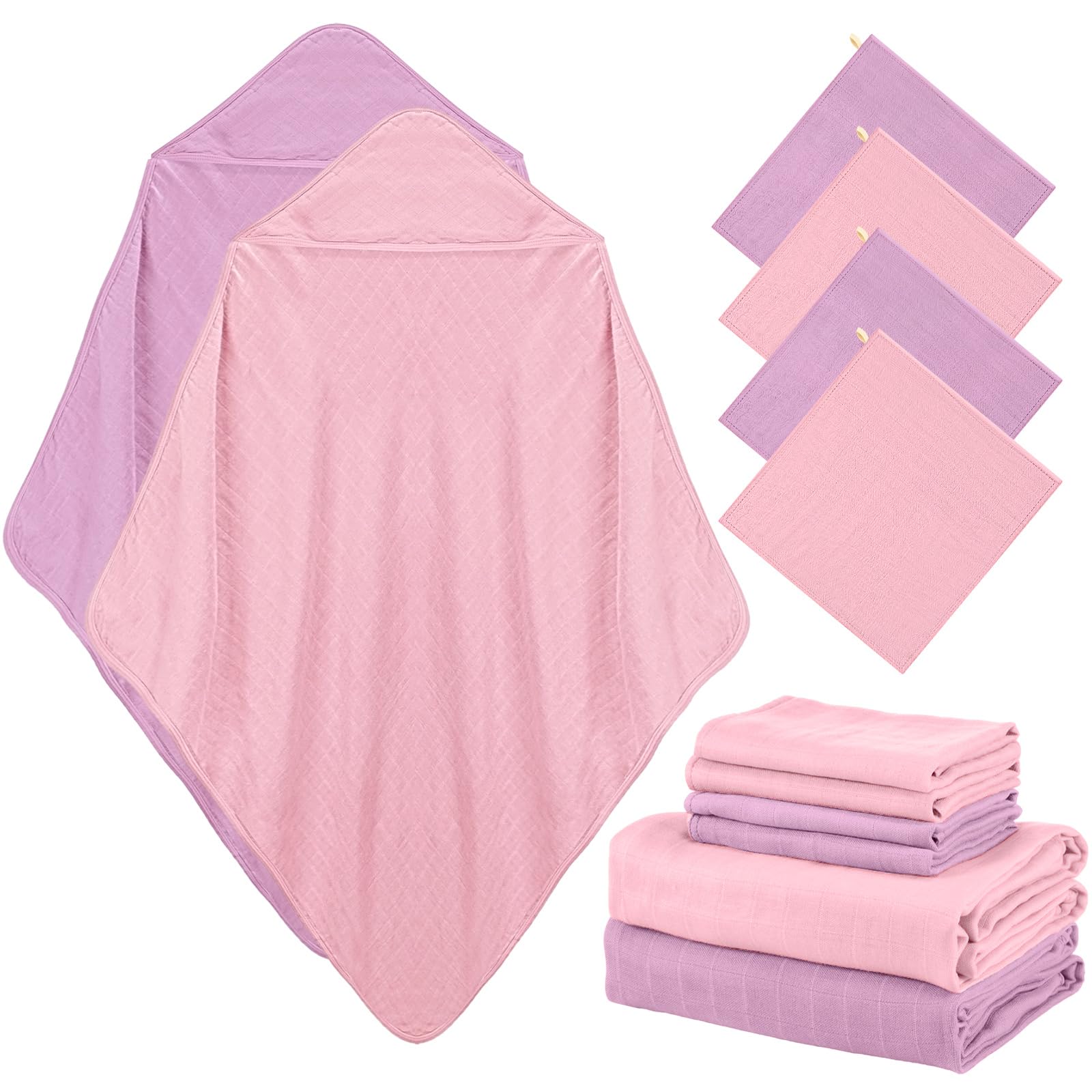 Preboun 6 Pcs Muslin Hooded Baby Towels and Washcloths 32x 32 Cotton Newborn Bath Towel Anti-Shrink Infant Baby Blankets with Ho
