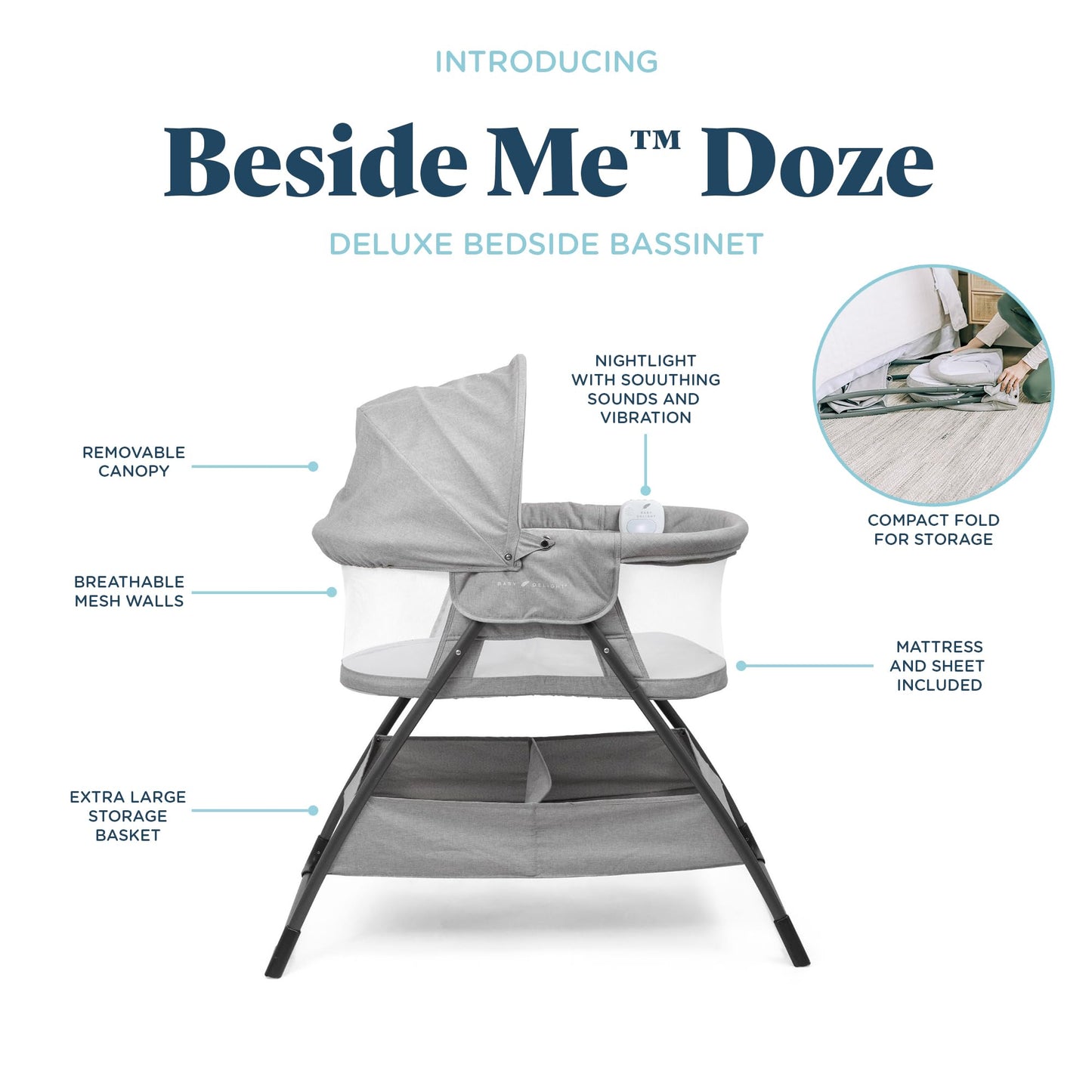 Baby Delight Beside Me Doze Deluxe Baby Bassinet, Bedside Sleeper, Foldable, Removeable Canopy, Pebble Grey