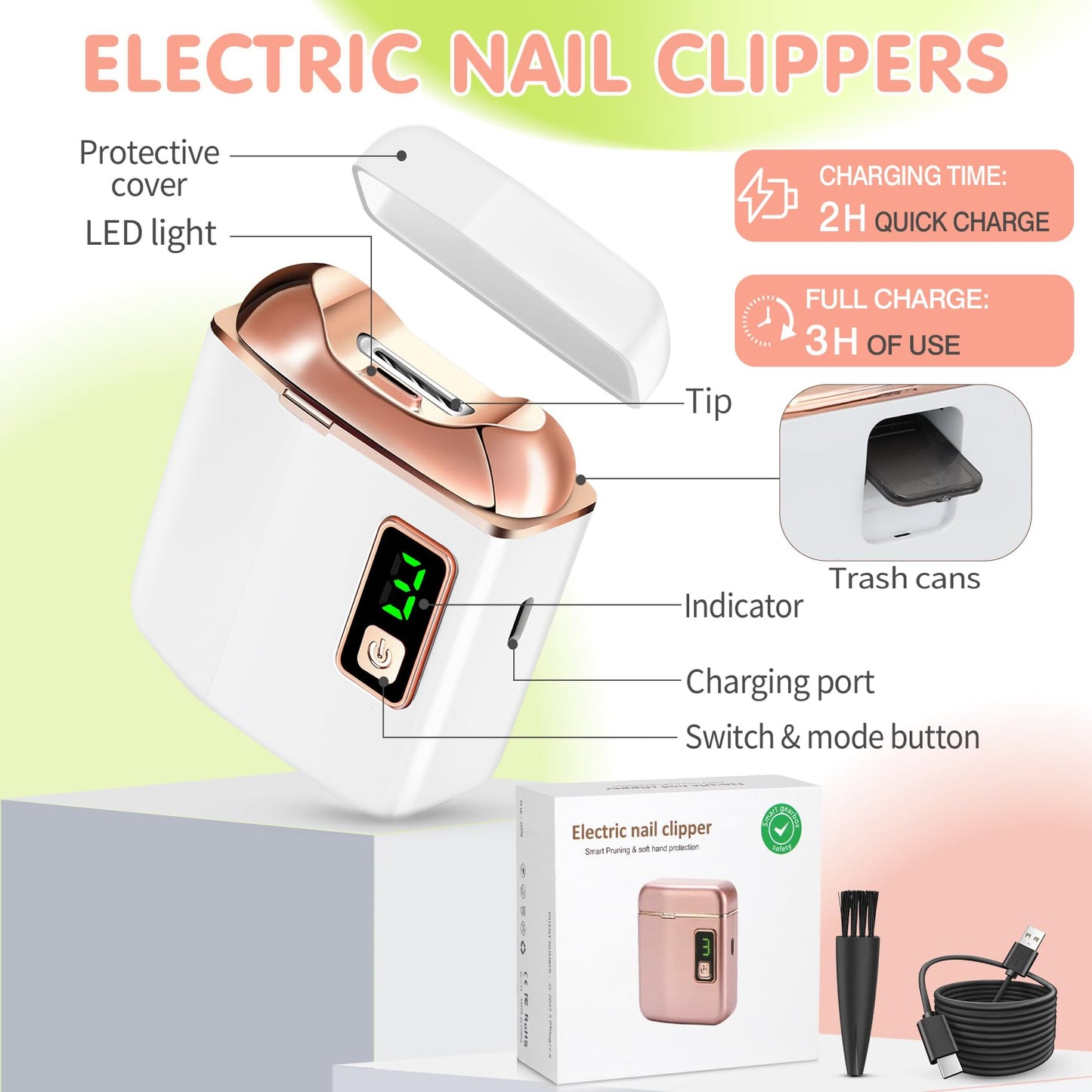 Electric Nail Clipper With Led Light, Usb Rechargeable Nail Trimmer, 3-Speed Fingernail Manicure For Baby, Kids, Seniors, And Ad