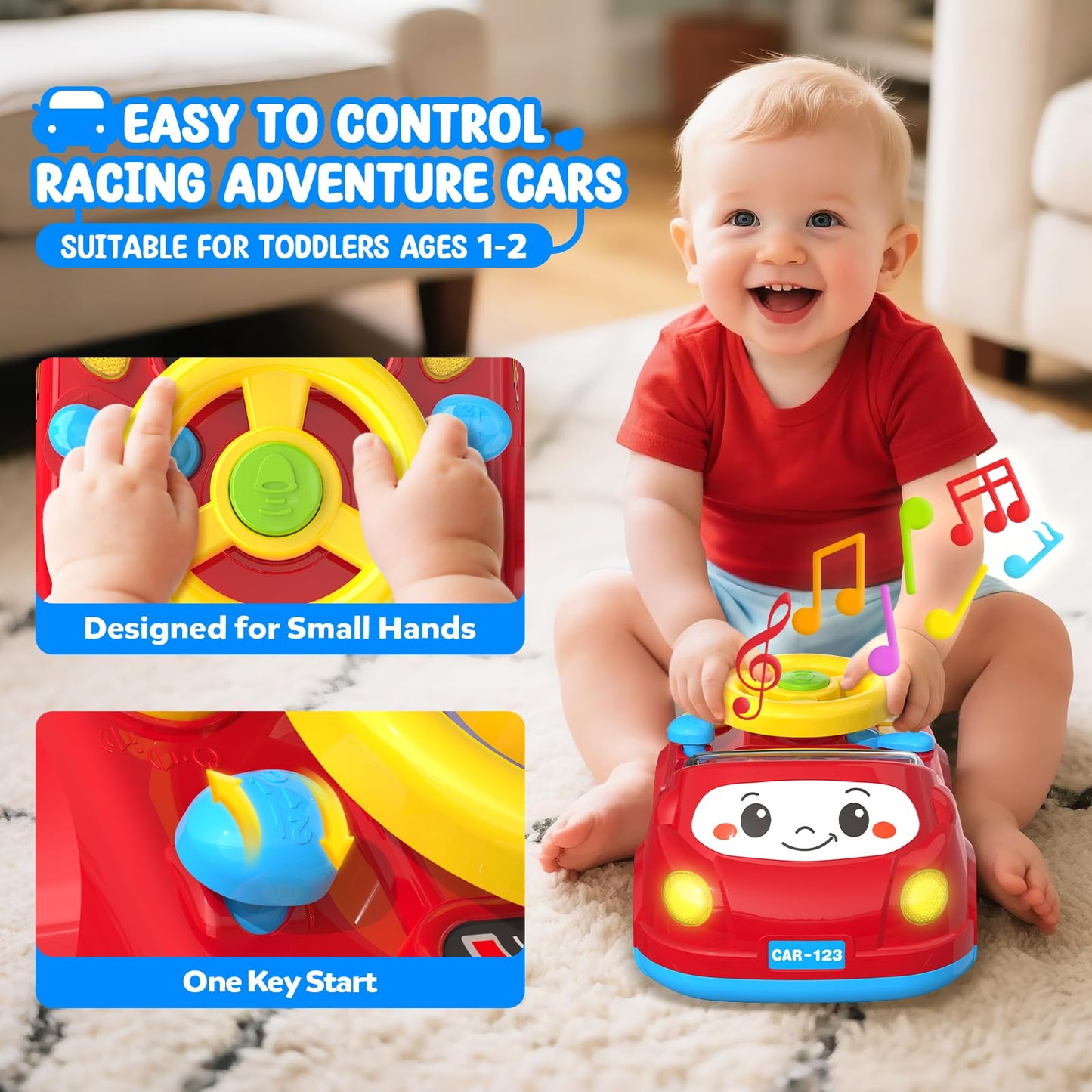 Toys for 1 Year Old Boy Gifts - 2-in-1 Toddler Push Car & Musical Racing Adventure Steering Wheel Driving Game, Interactive Lear