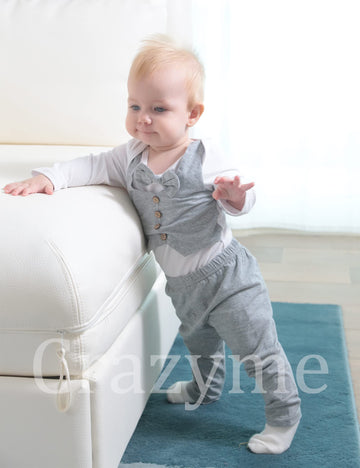 Newborn Baby Boy Clothes Gentleman Outfits Long Sleeve Romper Bowtie Tuxedo Suit (Gray, 0-3 Months)