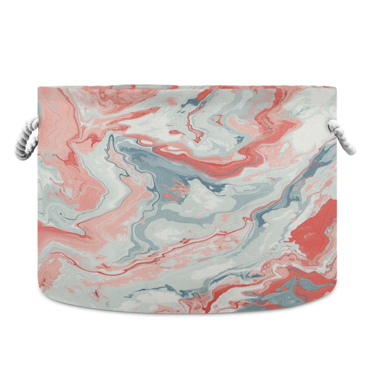 Canvas Storage Organizer Bin, Marble Pink Storage Basket Laundry Hamper with Handle for Clothes Playroom Decor, Large, 20 in Dia