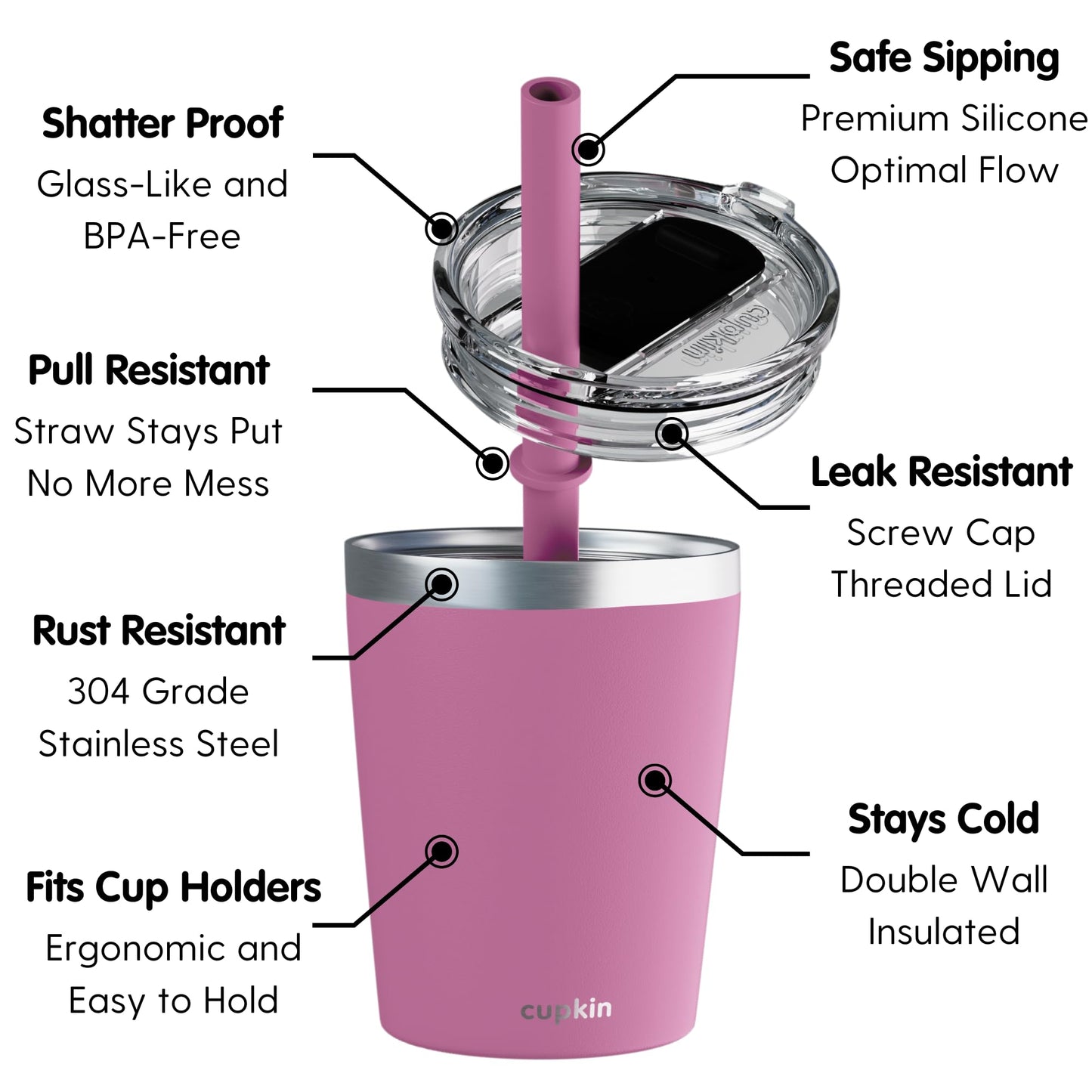Cupkin Kids Tumblers, The Original 8 Oz Stackable Stainless Steel Kids Cup With Straws, Set Of 2 Powder Coated Insulated Toddler