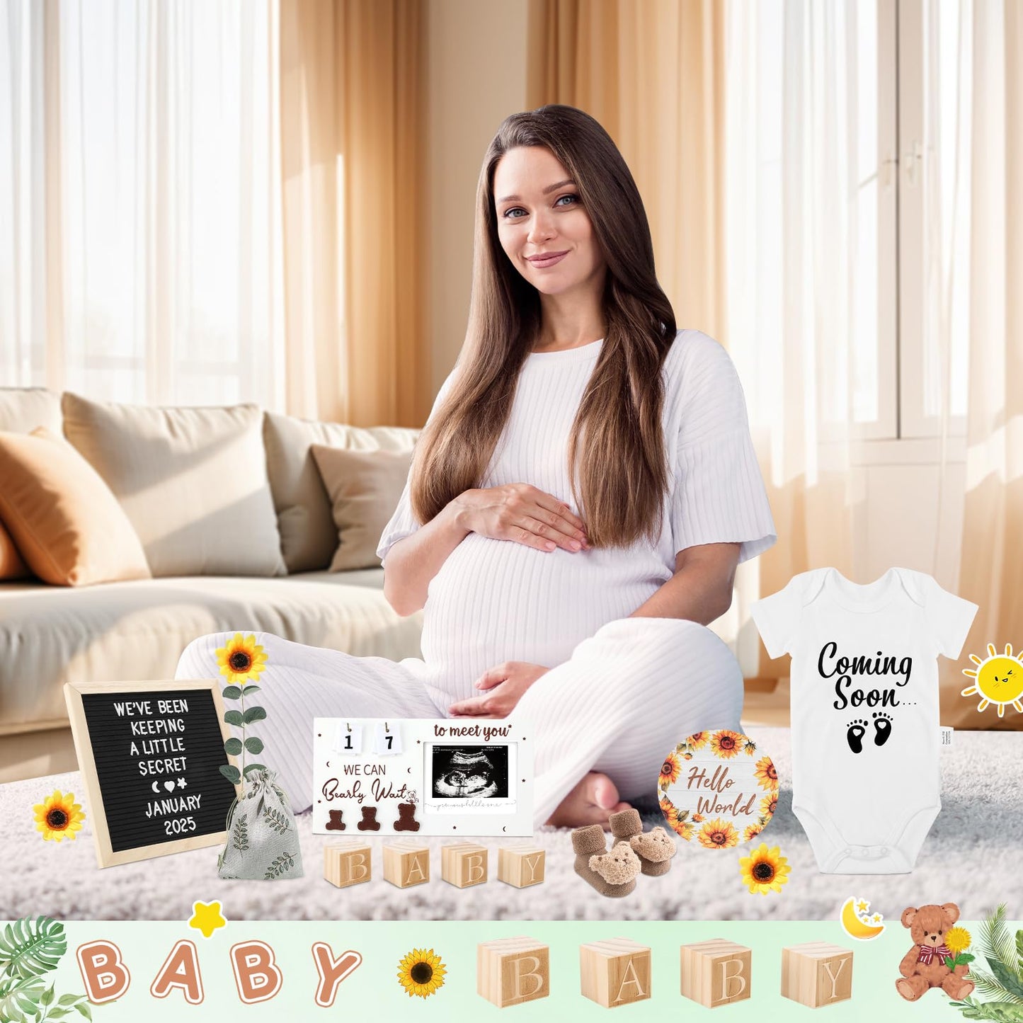11 Pcs Pregnancy Announcement Set, Pregnancy Reveal Ideas Include Felt Letter Board Sonogram Picture Frame Baby Bodysuit Baby So
