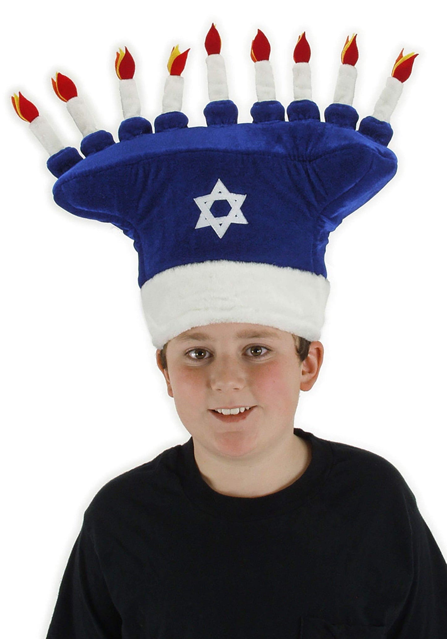 Happy Chanukah Soft Costume Hat - Velour With Soft-Sculpted Menorah And Size Adjustment Blue