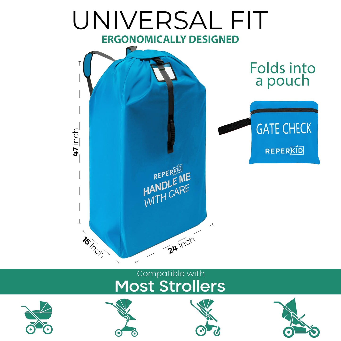 Reperkid Large Stroller Bag For Airplane Travel, Blue, 47' H X 24' W X 15' D, Fits Most Large, Single, Double, Jogging Stroll