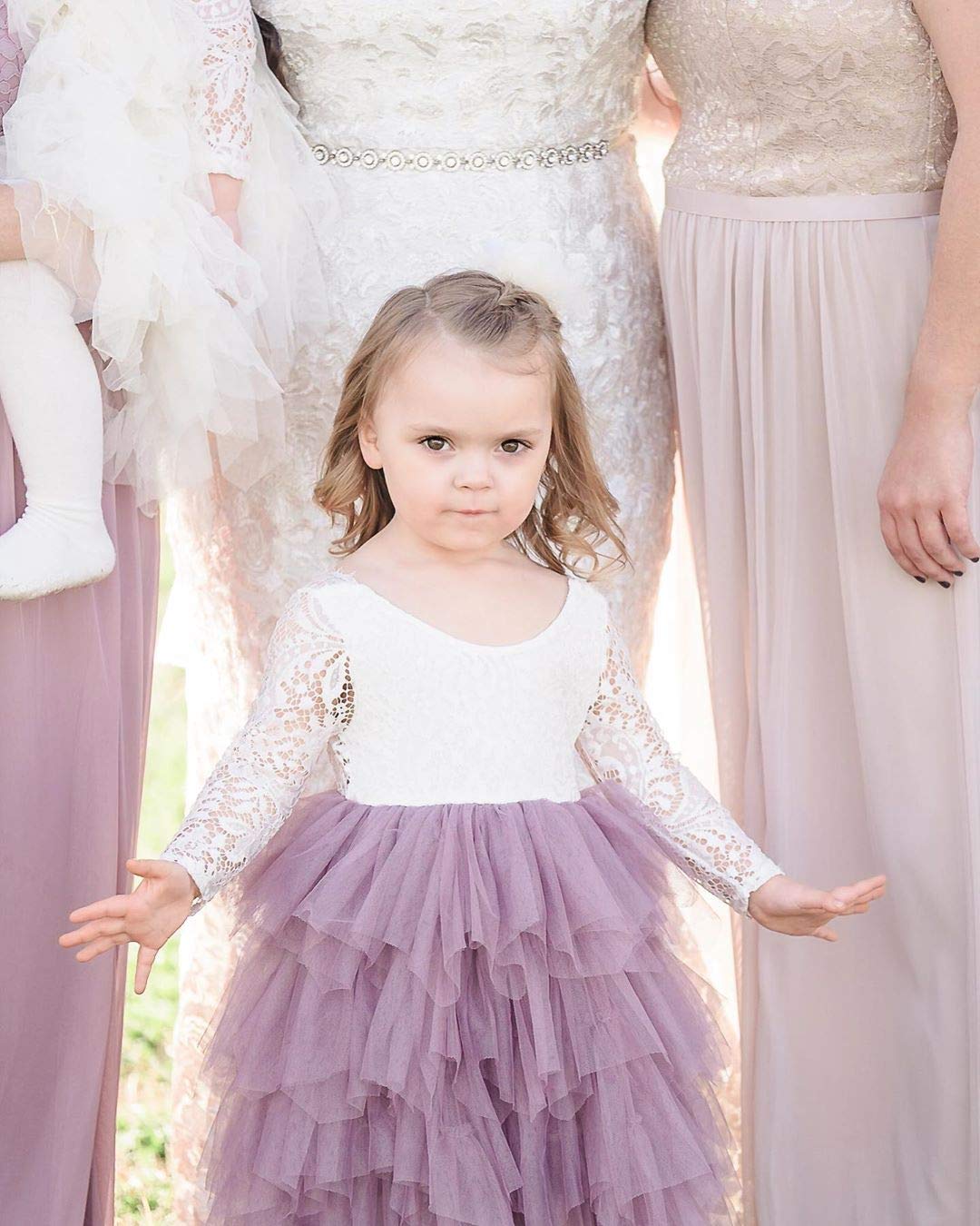 2Bunnies Girl Peony Lace Back A-Line Tiered Tutu Tulle Flower Girl Dress (Mauve Long Sleeve Maxi, 7-8Yrs)