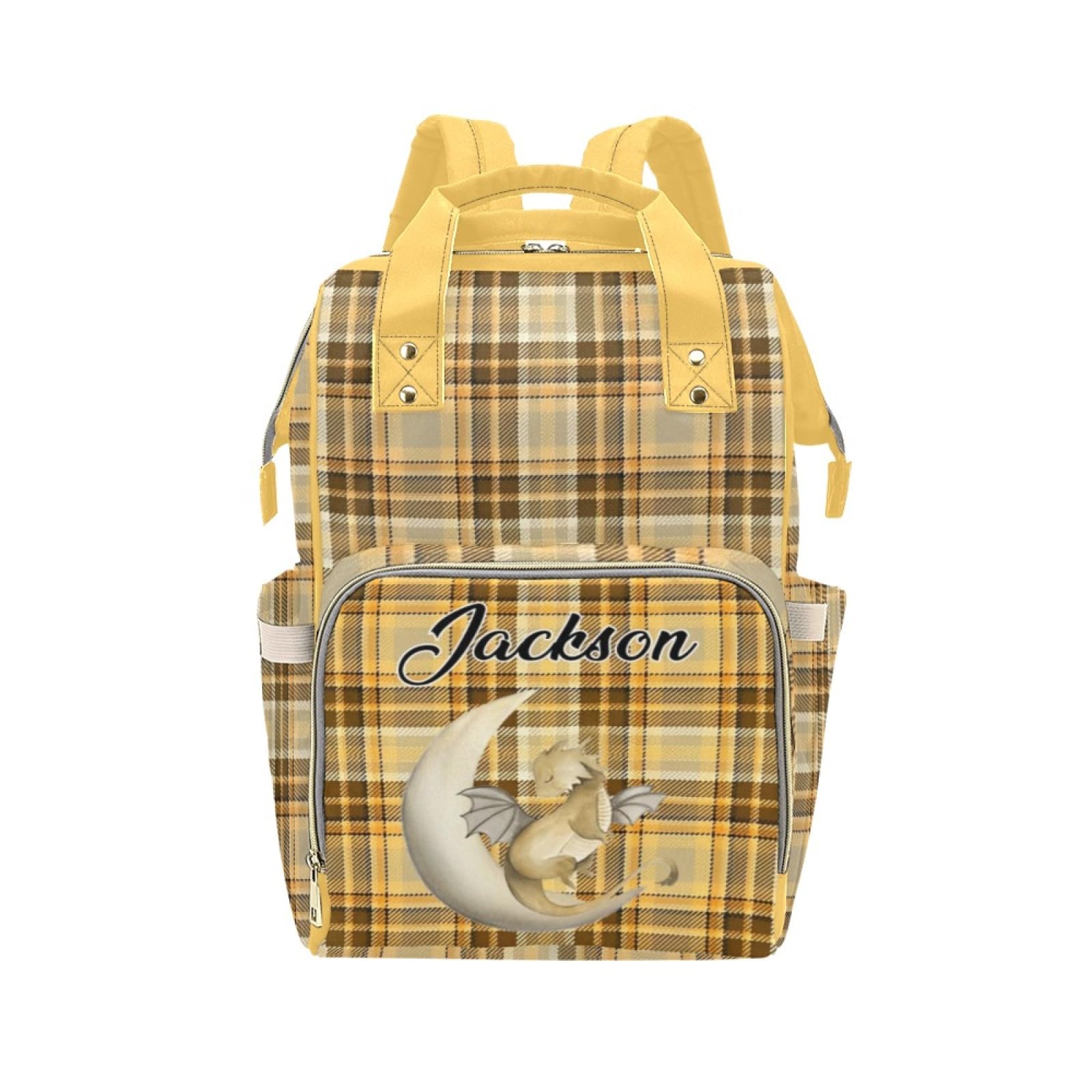 Noverbibi Custom Diaper Bag - Dragon Plaid Yellow Baby Bag with Name Custom Name Mommy Daypack