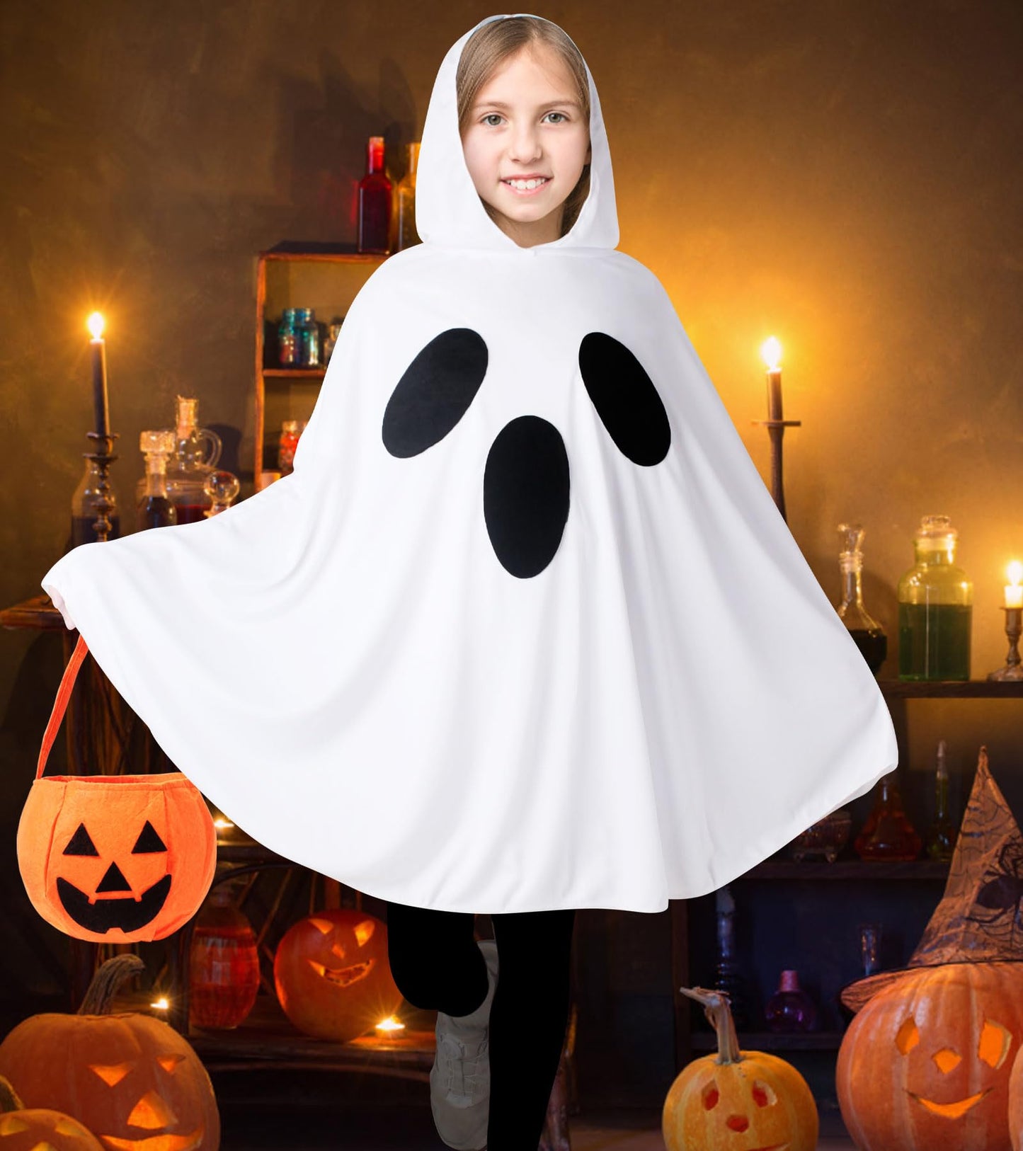 Oskiner Ghost Costume For Kids,White Ghost Poncho Hooded Cape With Pumpkin Bag,Spooky Halloween Costume For Girls