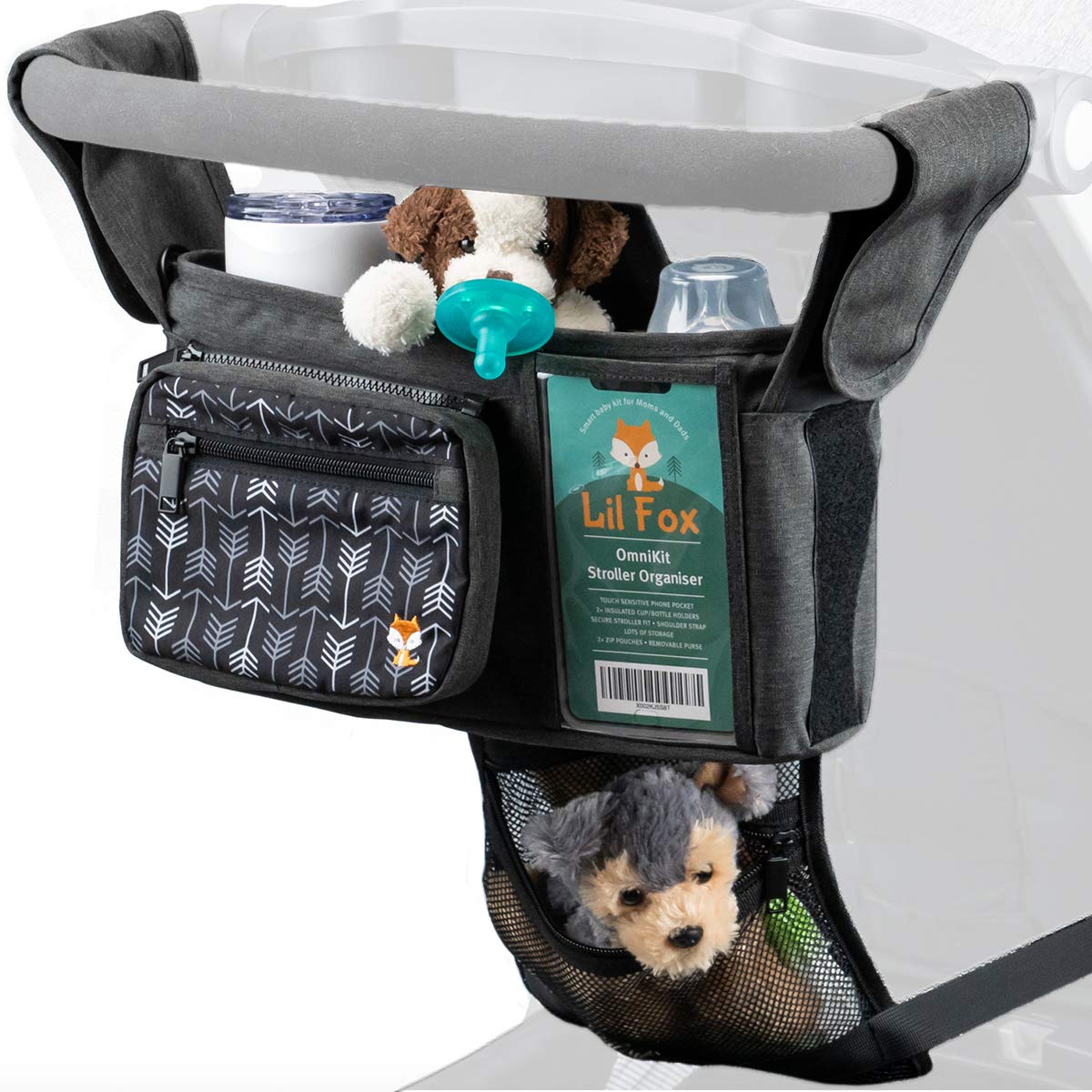 Lil Fox OmniKit Baby Stroller Organizer Bag  Grey Arrow  Modern Style  Stroller Caddy with Cup Holders, Large Phone Holder, W