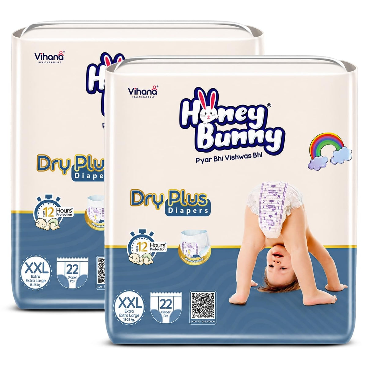 Honey Bunny Baby Diaper Pants | Dry Plus Protection With 360 Soft Elastic Waistband | Upto 12 Hours Protection | Double Xl (17 T