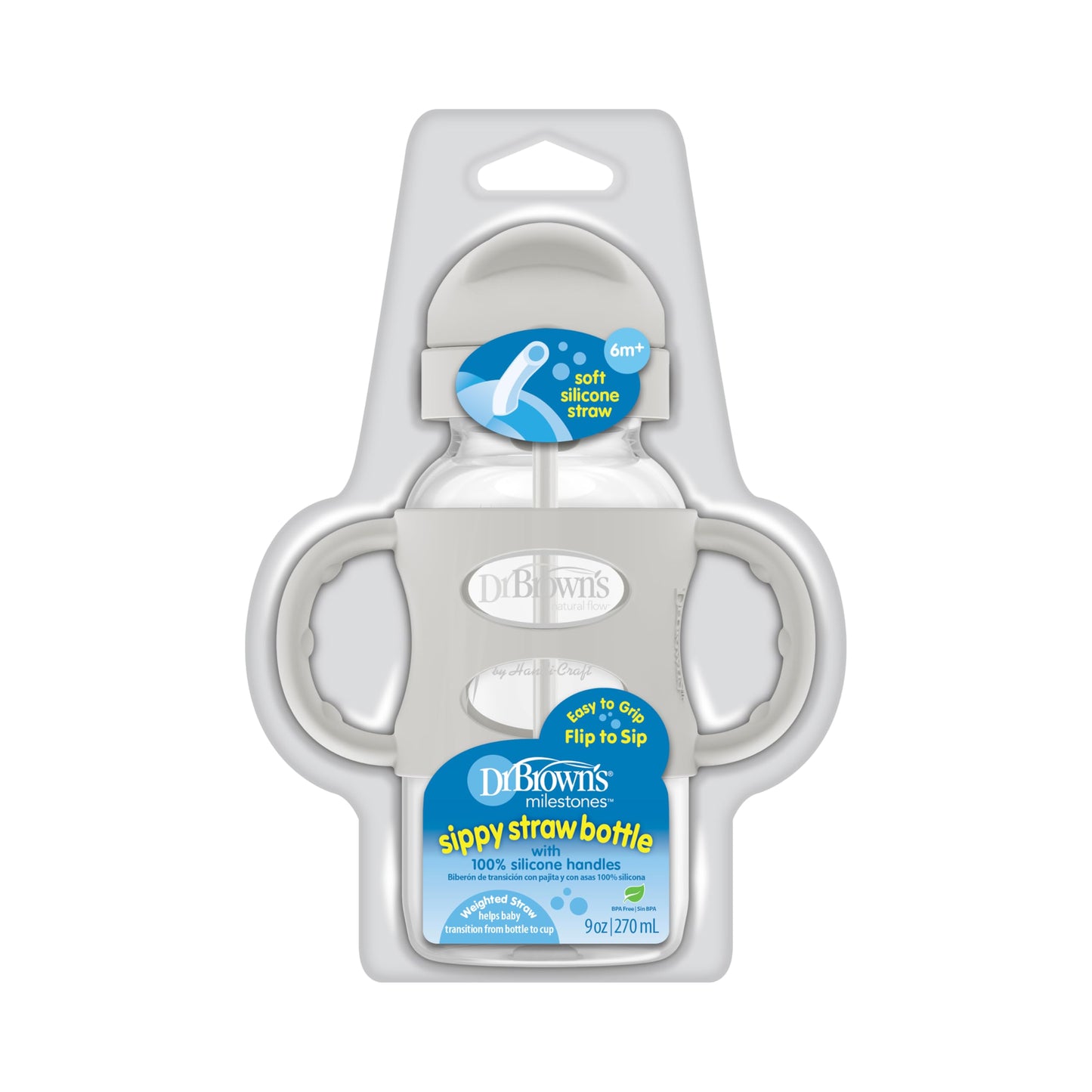 Dr. Browns Milestones Wide-Neck Sippy Straw Bottle With 100% Silicone Handles, 9Oz/270Ml, Gray, 1 Pack, 6M+