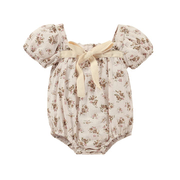 Kupretty Newborn Baby Girl Summer Clothes Vintage Floral Romper Square Neck Short Sleeve Bodysuit Jumpsuit (Beige, 0-3 Months)